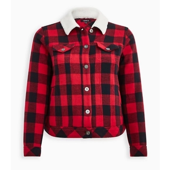 NWT Torrid Trucker Jacket In Red Black Buffalo Check Plaid - Picture 3 of 10
